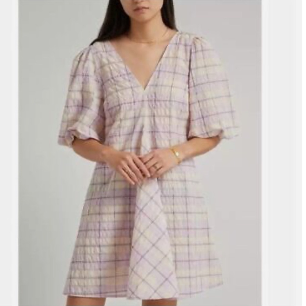 GANNI seersucker v neck dress in purple